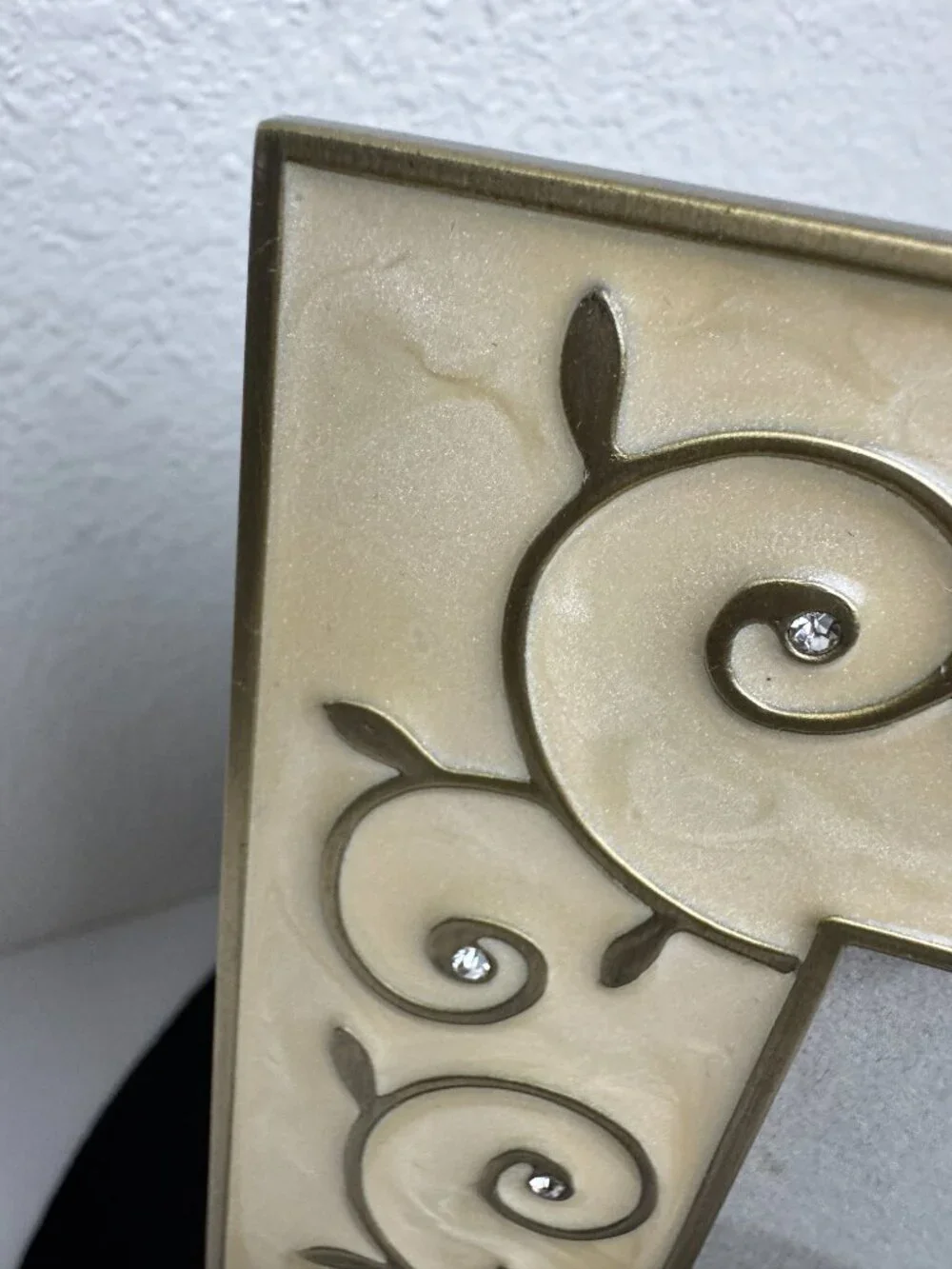 Elegant Decorative Brass Photo Frame w/ Cream Pearlized Enamel & Rhinestone